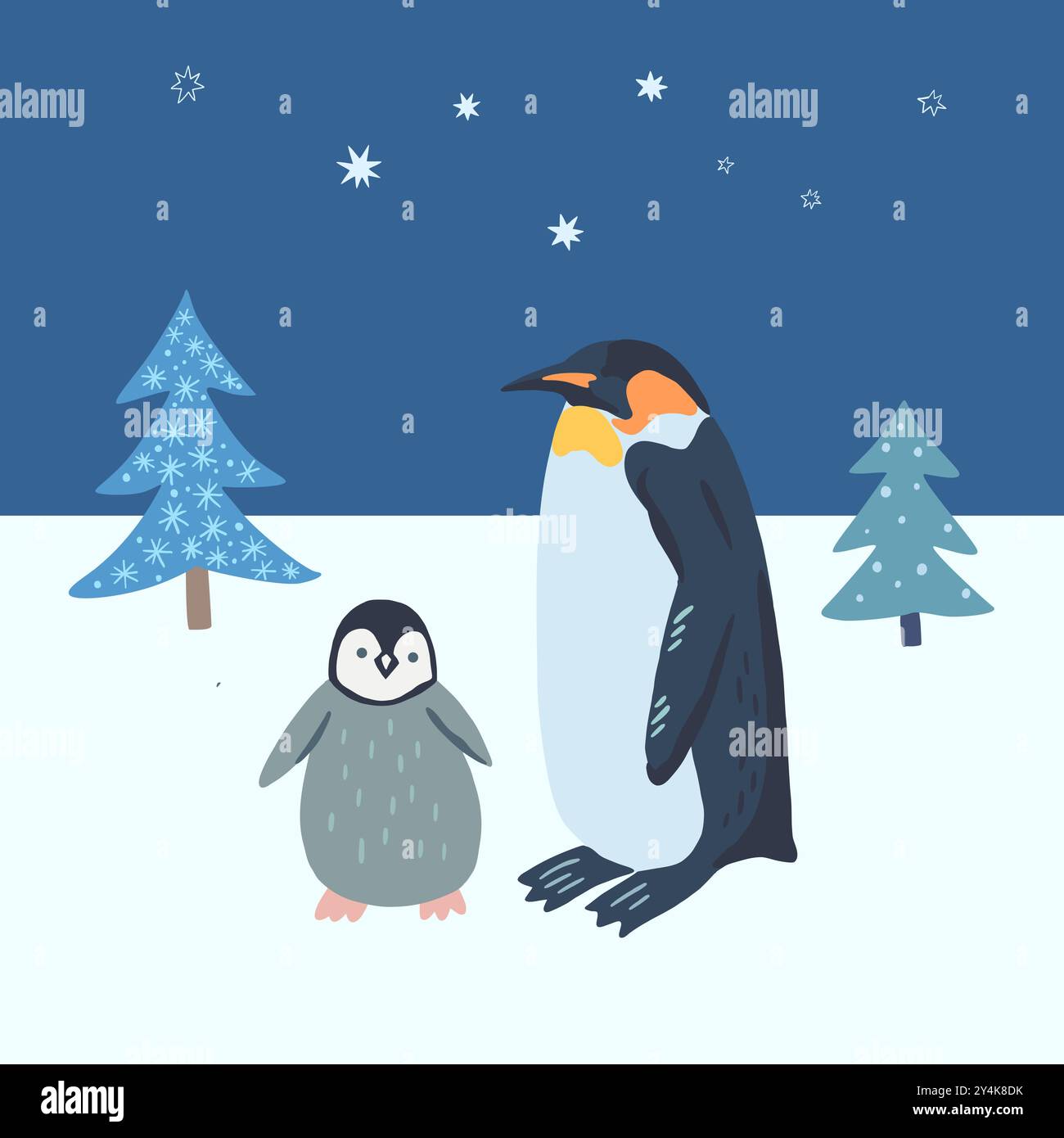 Mama-Pinguin und süßer Baby-Pinguin in der nächtlichen Winterlandschaft. Mit Sternen und Tannen. Stilisierte Vektorillustration für Postkarten. Stock Vektor
