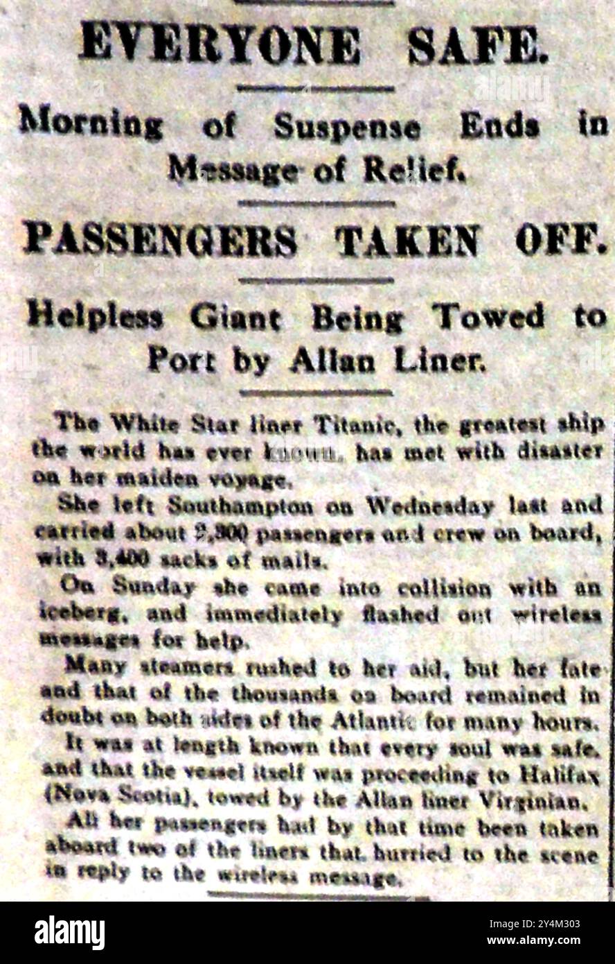 TITANIC - ALL SAVED - DAILY MIRROR Report vom 16. April 1912 berichtete mysteriös, dass die Titanic und ihre Passagiere sicher waren und dass das Schiff vom Allen-Liner Virginian abgeschleppt wurde. "Es war schon lange bekannt, dass jede Seele sicher war." Stockfoto