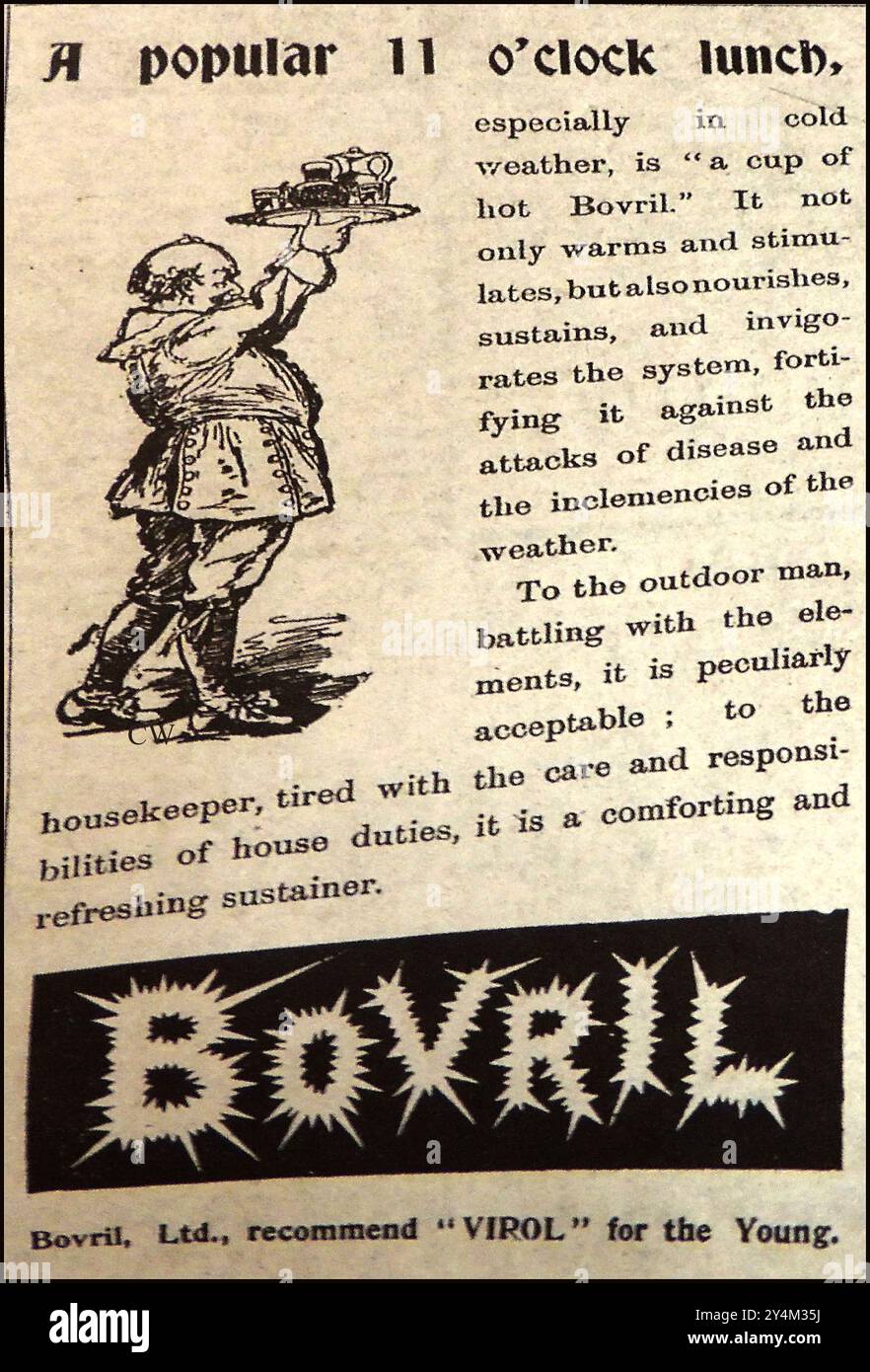 Eine britische Zeitung von 1901 für Bovril, die es als populäres Mittagessen um 11 Uhr anpreist. Früher im Jahre 1870, während des Deutsch-Französischen Krieges, bestellte Napoleon III. Eine Million Dosen Rindfleisch, um seine Truppen zu ernähren. Die Aufgabe ging an John Lawson Johnston, einen in Kanada lebenden Schotten. Da Transport und Lagerung ein Problem waren, schuf Johnston einen Extrakt namens Johnston's Fluid Beef, später Bovril genannt, der schnell große Verkäufe in britischen Lebensmittelgeschäften, Publishäusern und Apotheken fand (zur Verwendung als Stärkungsmittel für Invaliden). Stockfoto