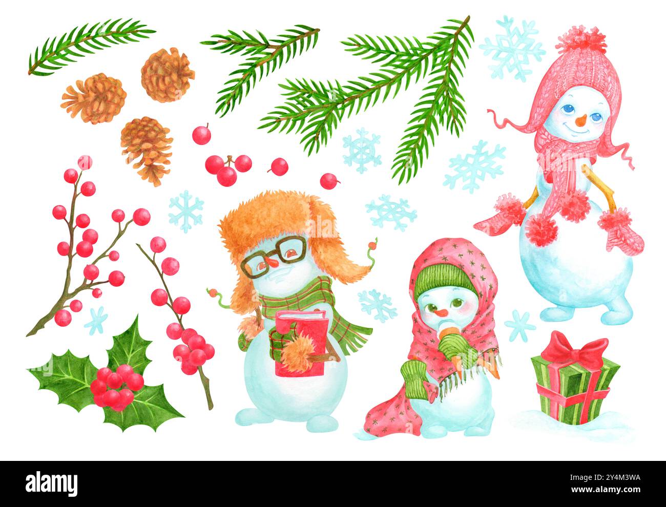 Nadelbume und Stechpalme mit Zapfen, wasserfarbigem nahtlosem Muster.  Handgezeichnete Elemente fr Weihnachtsdekor im ko-Stil. Unendlicher  Hintergrund im Vordergrund Stockfotografie - Alamy