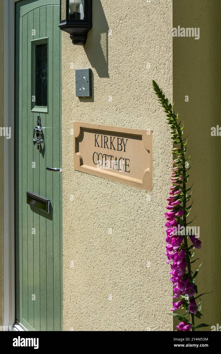 Hübsche, grüne Haustür mit cremefarbenen Wänden, eingraviertem Steinhaus-Namensschild und Fuchshandschuhblume, England, Großbritannien Stockfoto