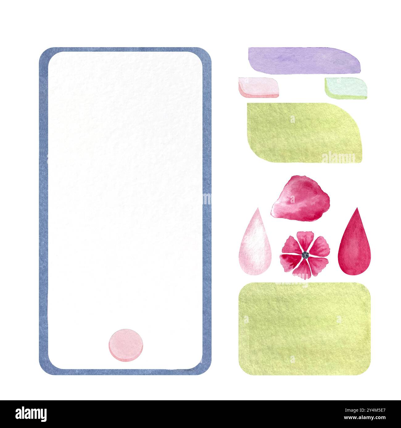 Ein mobiler App-Konstruktor mit Bedienfeldern und Knöpfen, einem rosafarbenen Blütenblatt und einem Bluttropfen zur Verfolgung der Menstruationszeiten, Aquarellset isoliert auf weiß. Stockfoto
