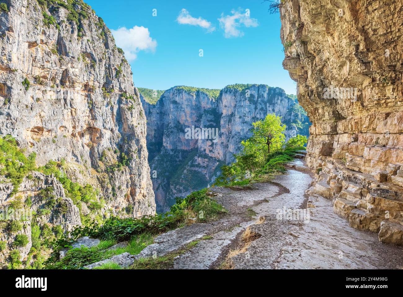 Klippenhängepfad über der Vikos-Schlucht in der Nähe des Klosters Agia Paraskevi. Monodendri, Epirus, Griechenland Stockfoto