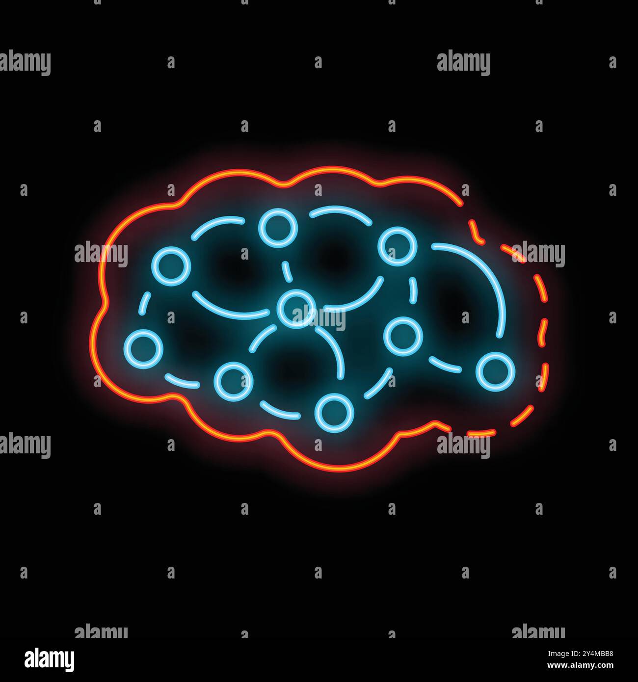 Neonhirn mit vernetzten Knoten leuchtet und symbolisiert ein neuronales Netzwerk und das Konzept des maschinellen Lernens Stock Vektor