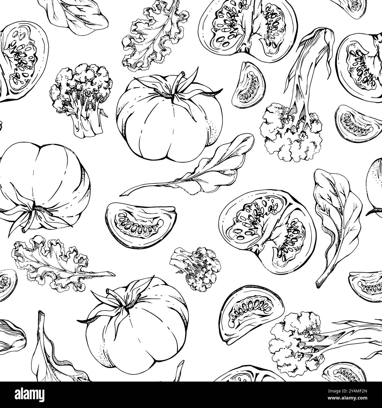 Mischung aus grünen Salatblättern und roten Tomatenscheiben für Ernährung und gesunden Lebensstil, vegane Kochen. Handgezeichnete Vektortinte. Abbildung nahtloses Muster Stock Vektor