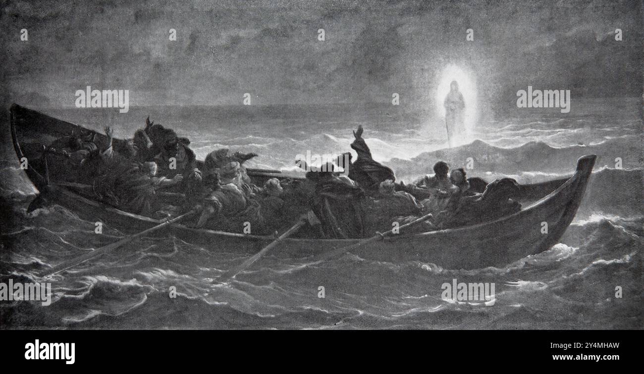 Jesus Walking on Water on the Sea of Galiläa aus dem Gemälde von C.J. Jalabert in der Ausgabe von 1902 der Kinderbibel gedruckt Cassell and Company Limit Stockfoto