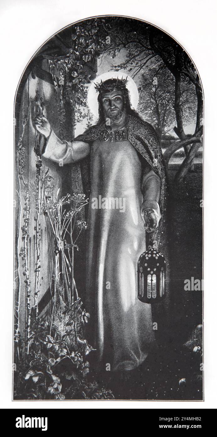 Das Licht der Welt Jesus Christus hält eine Laterne aus dem Gemälde von W. Halman Hunt aus der Ausgabe der Kinderbibel von 1902 Cassell and C. Stockfoto