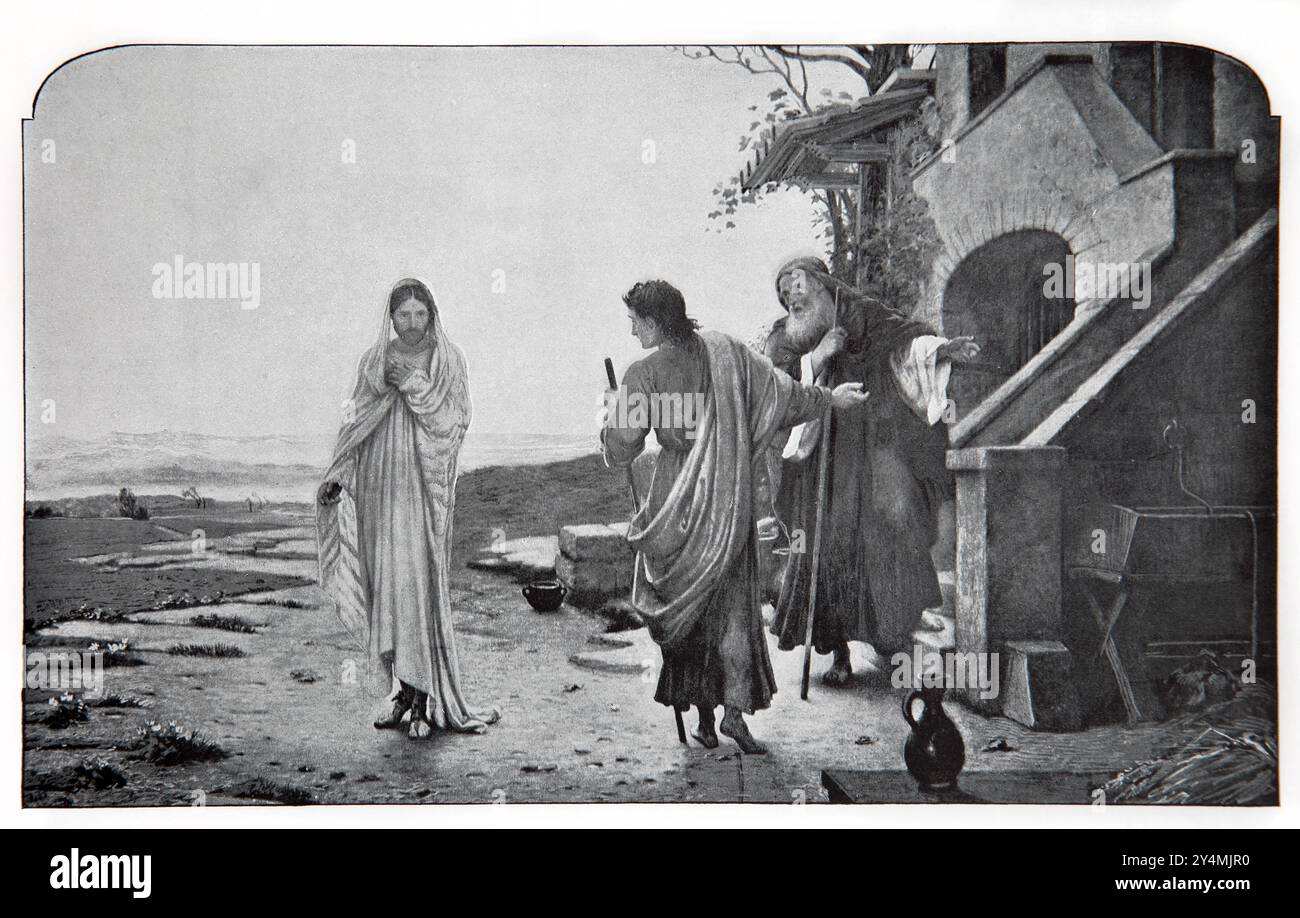 Illustration von „Bleiben Sie bei uns“ aus der Malerei – Jesus erscheint zwei Jüngern auf dem Weg nach Emmaus aus der Malerei von C.W.COPE in der Ausgabe von T 1902 Stockfoto
