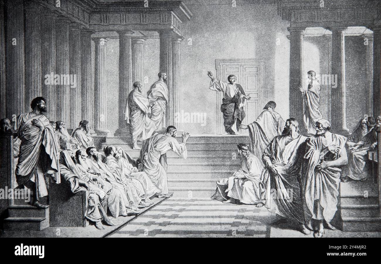 Paulus predigt an die Athener (Areopagus-Predigt) aus dem Gemälde von A. Bida in der Ausgabe der Kinderbibel von 1902 Cassell and Company Stockfoto