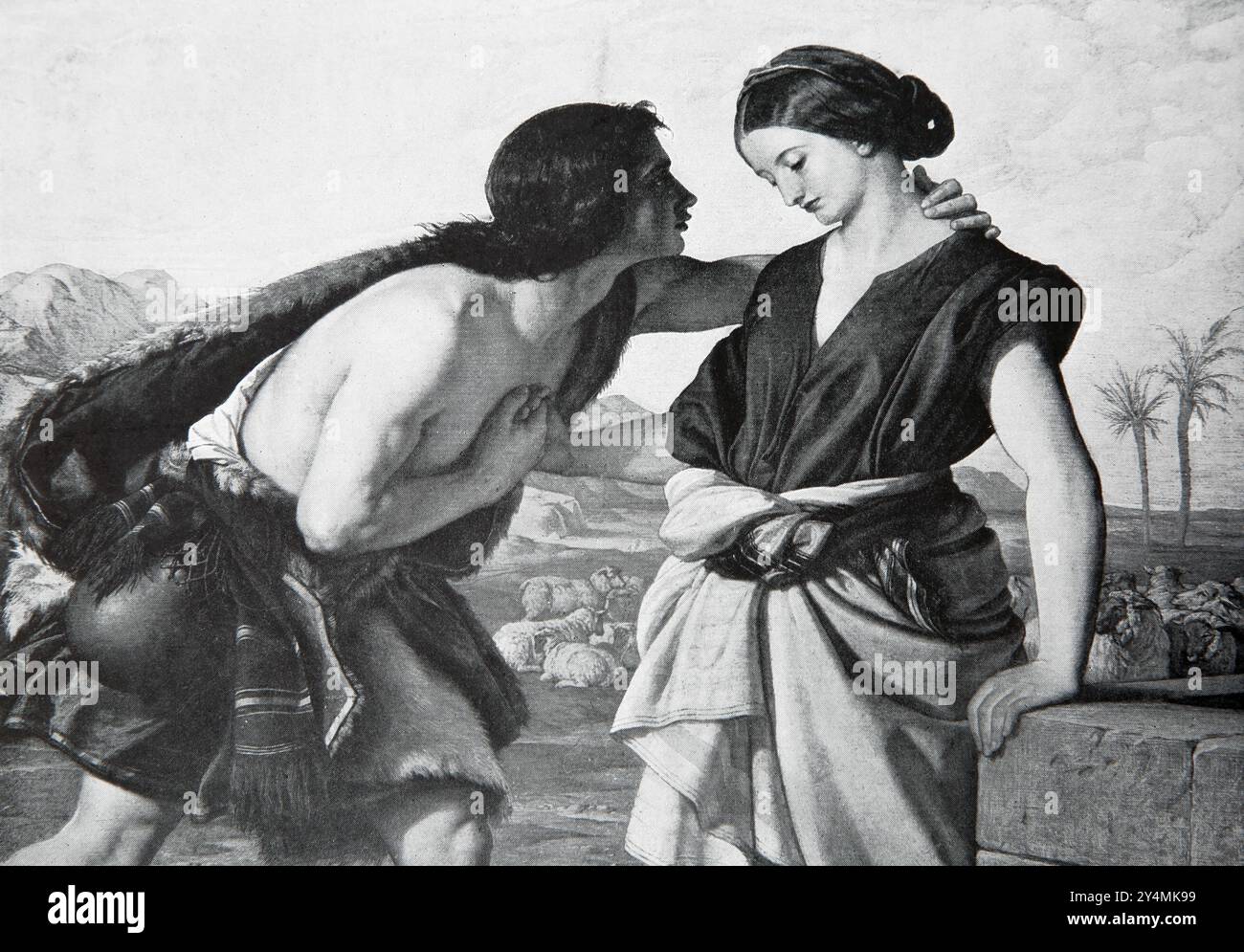 Jacob und Rachel treffen sich am Brunnen, während Jacob Labans Herde (Genesis) von der Malerei W. abhielt Dyce in der Ausgabe des Kindes 1902 Stockfoto
