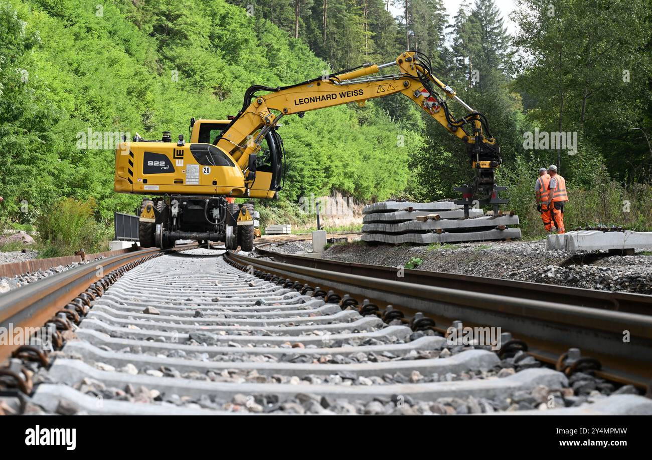 Calw, Deutschland. September 2024. Die stillgelegte Hermann-Hessen-Bahn zwischen Calw und weil der Stadt wird weitgehend reaktiviert. Quelle: Bernd Weißbrod/dpa/Alamy Live News Stockfoto