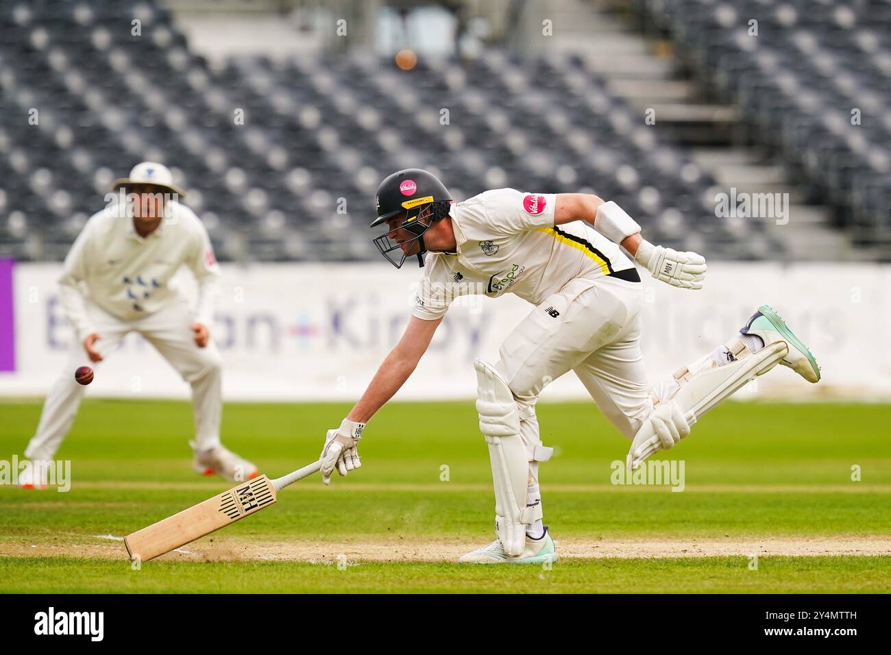 Bristol, Vereinigtes Königreich, 19. September 2024. Ed Middleton aus Gloucestershire macht sich während des Spiels der Vitality County Championship Division 2 zwischen Gloucestershire und Sussex auf den Boden. Quelle: Robbie Stephenson/Gloucestershire Cricket/Alamy Live News Stockfoto
