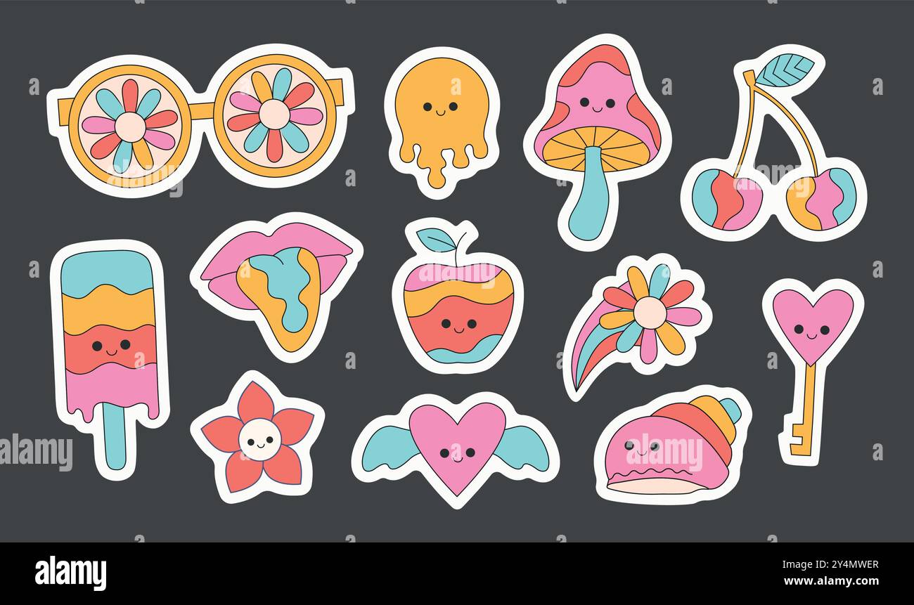 Kawaii groovige Hippie 70er Jahre Stil psychedelische Pilze, Gläser, Kirsche, Eis, Blumenaufkleber Blatt. Niedliche Hippie-Vektorelemente. Stock Vektor
