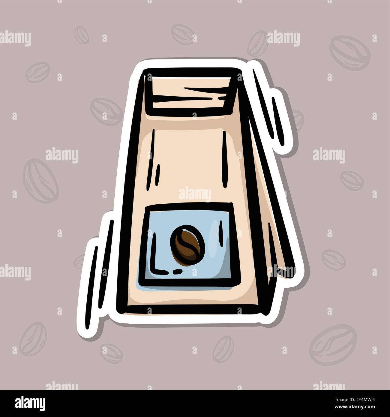 Einfache Vektor-Illustration eines Papierbeutels mit Kaffeebohnen. Handgezeichnete Illustration für Aufkleber, Emblem, Etikett, Preis Stock Vektor