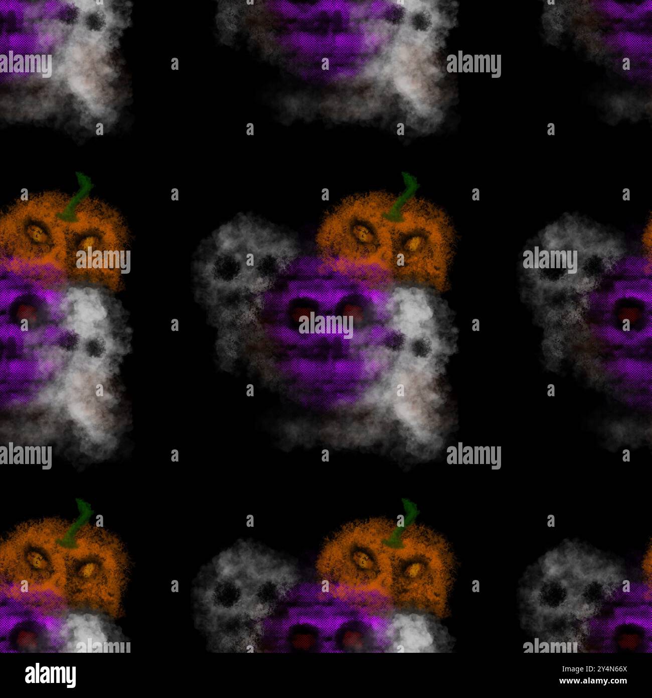 Nahtloses Muster des Geistes für Halloween-Konzept, handgemalt von Schädel, Geist und bösem Kürbis auf schwarzem Hintergrund, grob gemalt, nahtloses Design für Stockfoto