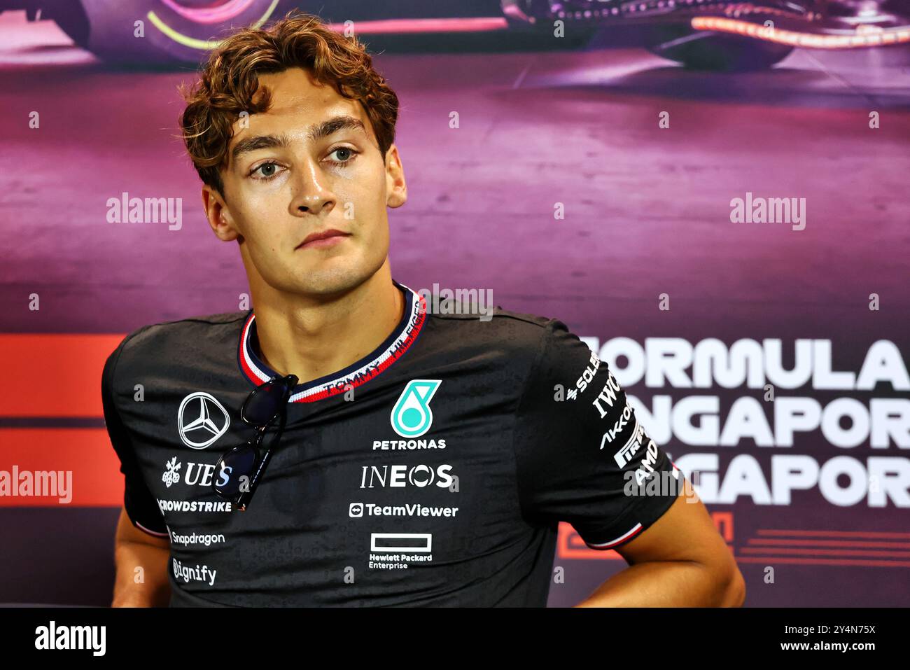 Singapur, Singapur. September 2024. George Russell (GBR) Mercedes AMG F1 auf der FIA Pressekonferenz. 19.09.2024. Formel-1-Weltmeisterschaft, Rd 18, Grand Prix Von Singapur, Marina Bay Street Circuit, Singapur, Vorbereitungstag. Das Foto sollte lauten: XPB/Alamy Live News. Stockfoto