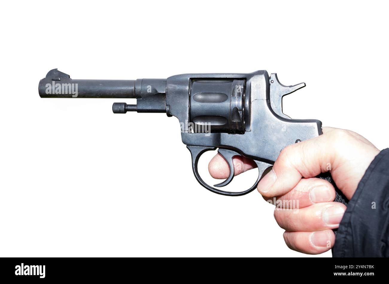 Pistole Nagant Revolver in Hand Gangster - ist auf dem weißen isoliert. Stockfoto
