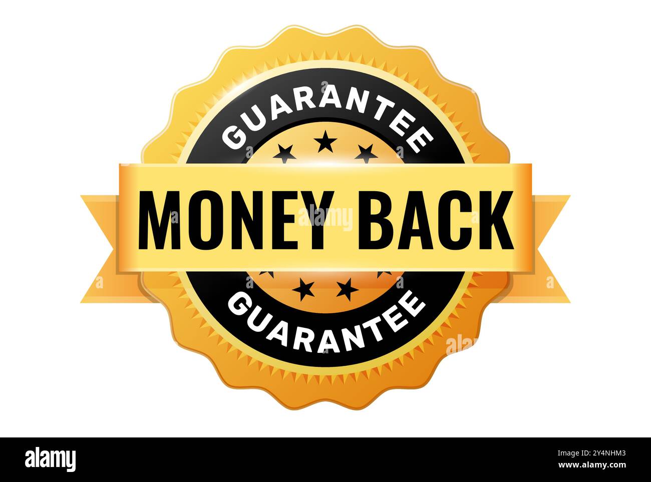 Goldenes Abzeichen mit Banner, Website-Vertrauensschild oder -Siegel, Rückerstattungsgarantie-Emblem oder -Stempel, Vektor Stock Vektor