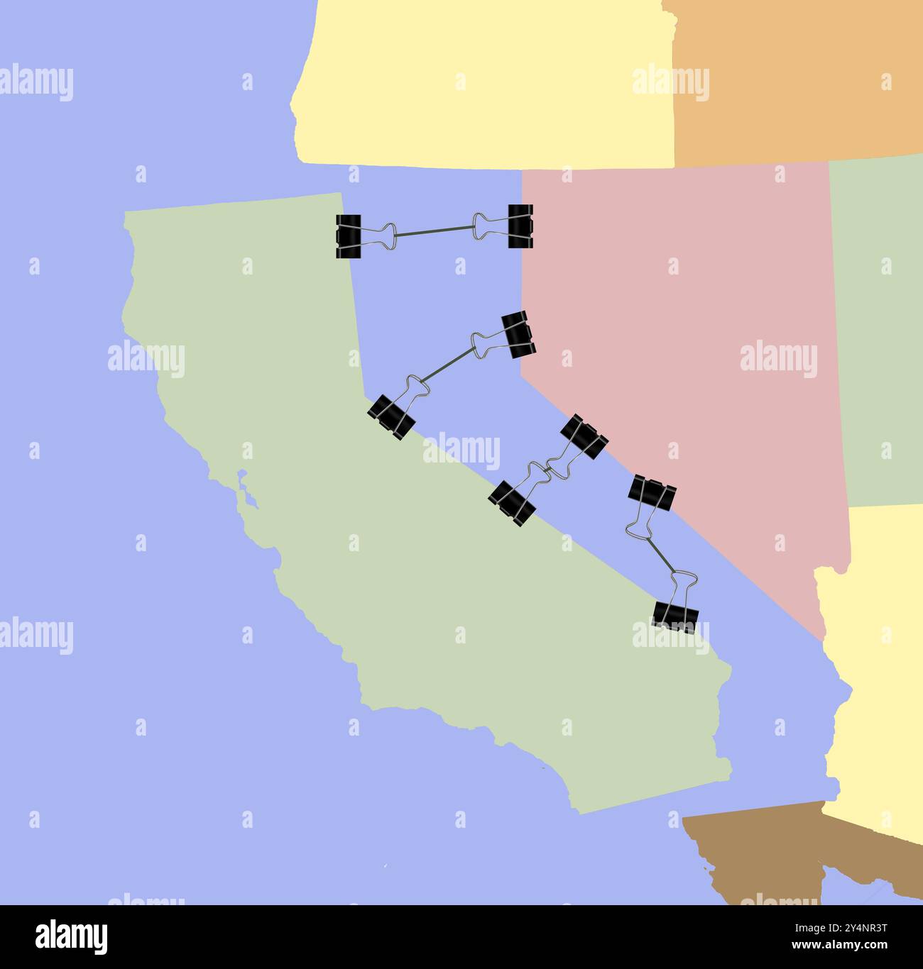 Büroklammern oder Büroklammern verhindern, dass Kalifornien nach dem großen Erdbeben in den Ozean fällt. Dies ist eine 3D-Illustration über die Gefahren von Eart Stockfoto