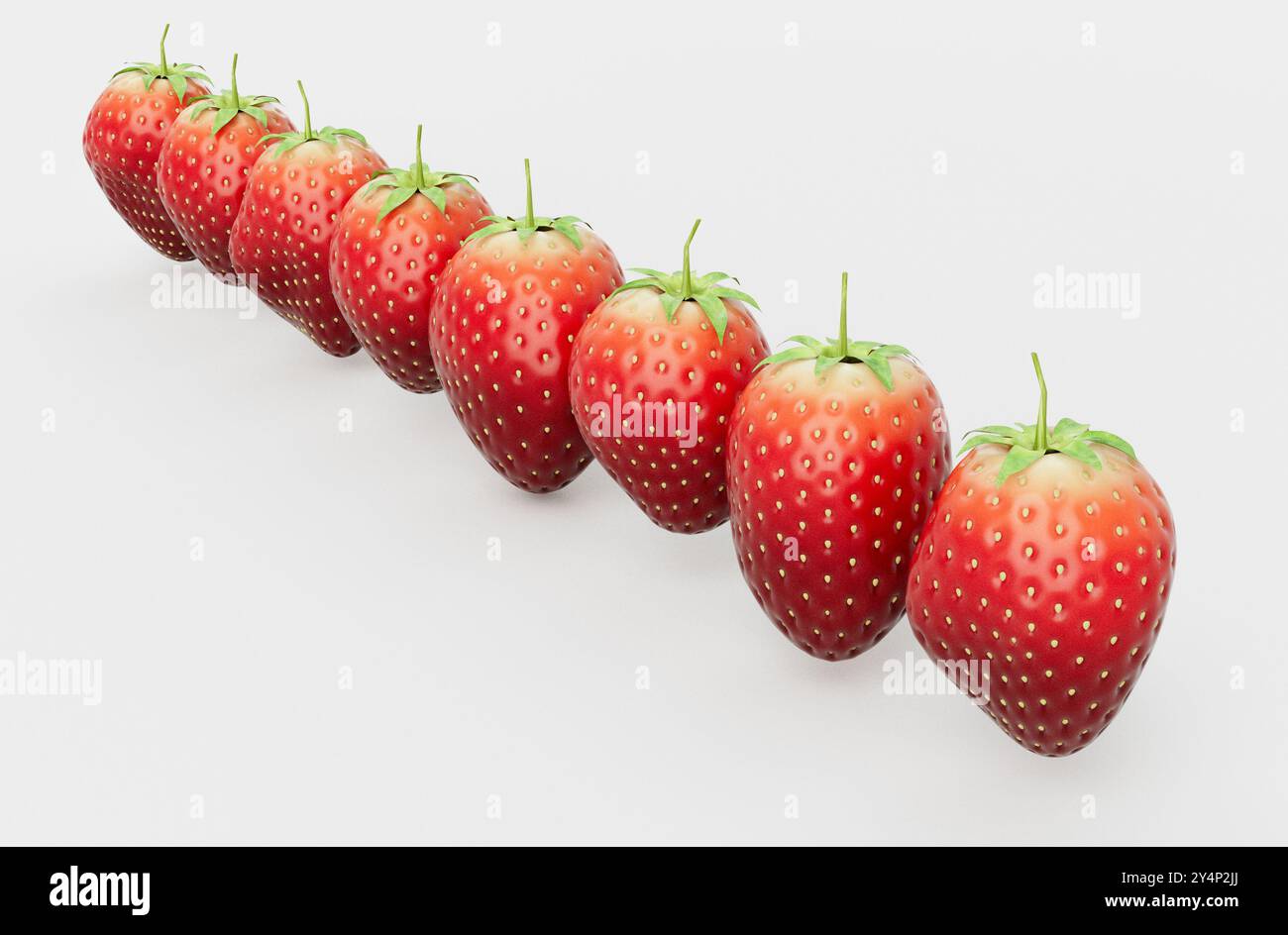 Ein Satz unregelmäßig geformter Erdbeeren in einer Reihe auf einem isolierten Studiohintergrund - 3D-Rendering Stockfoto