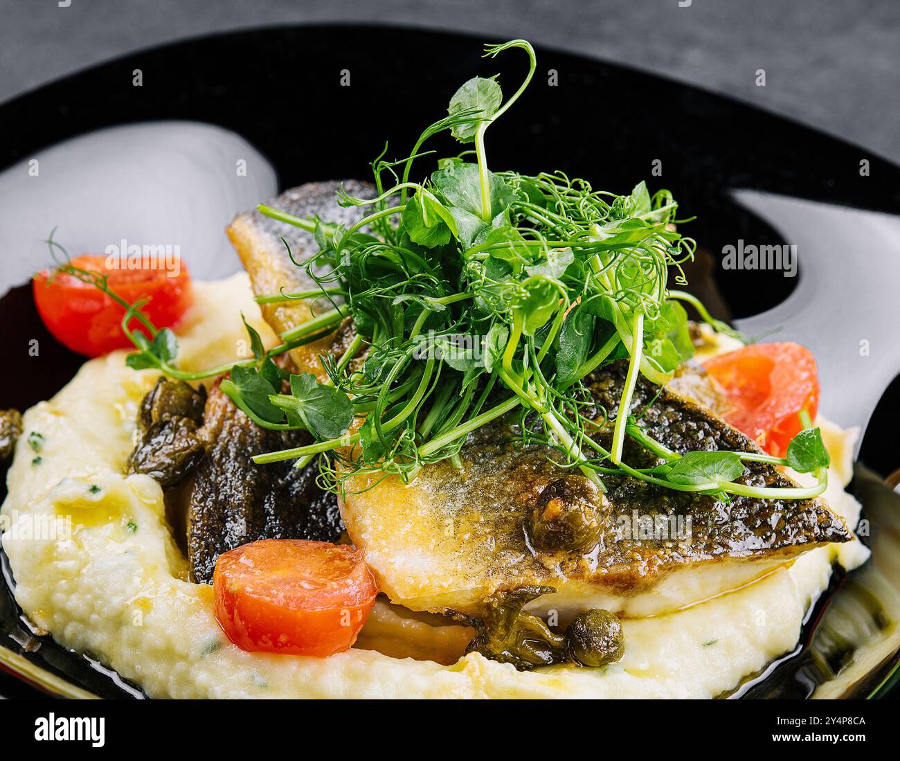 Gebratenes norwegisches Kabeljaufilet mit Kartoffelpüree Stockfoto