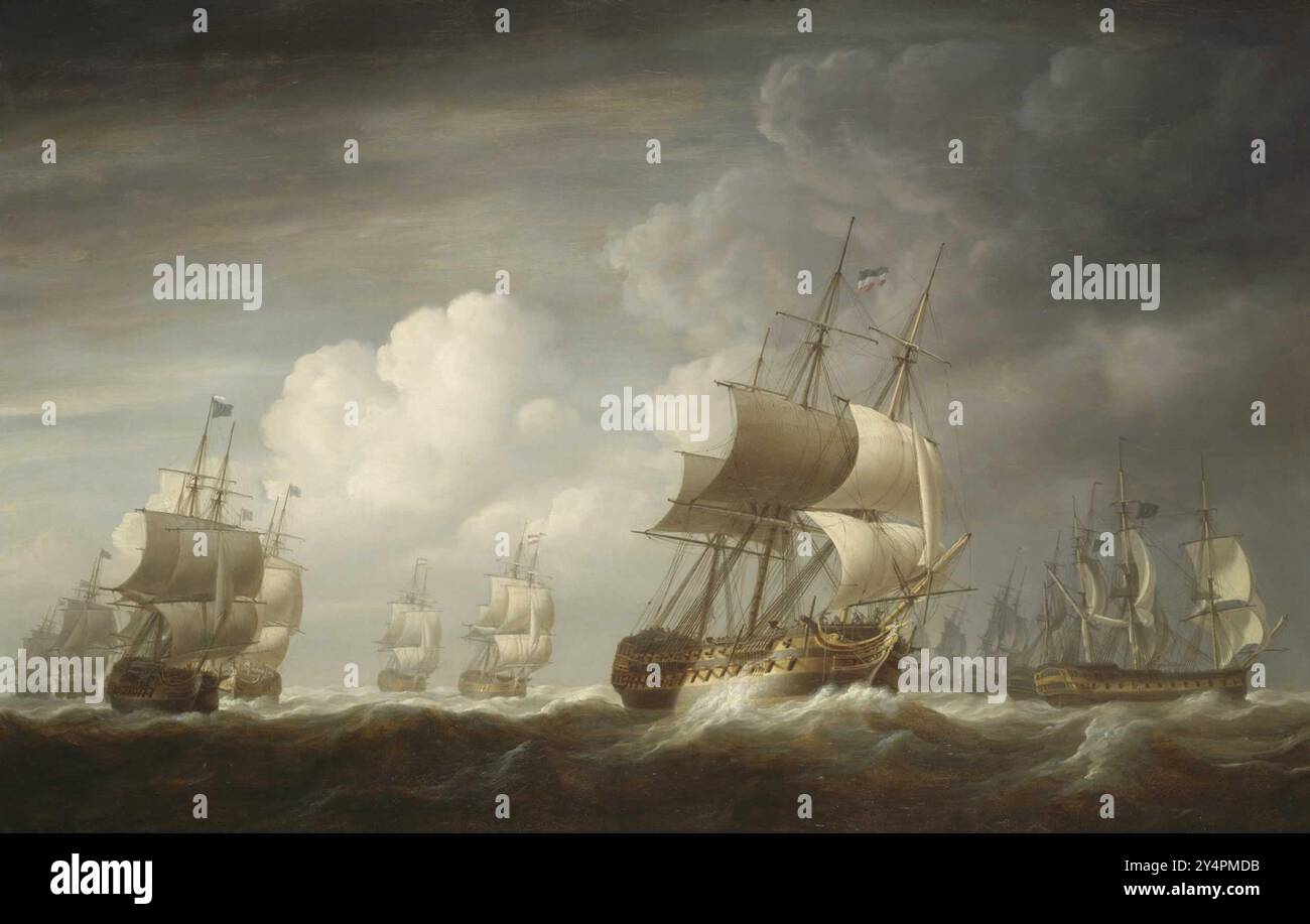 Eine Flotte von Ostindianern auf See, Gemälde von Nicholas Pocock Stockfoto