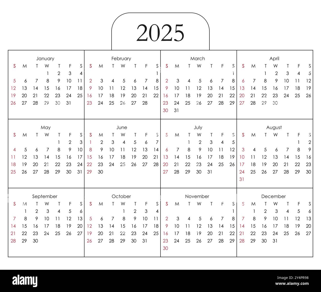 Kalenderjahr 2025. Die Woche beginnt am Sonntag. Stock Vektor