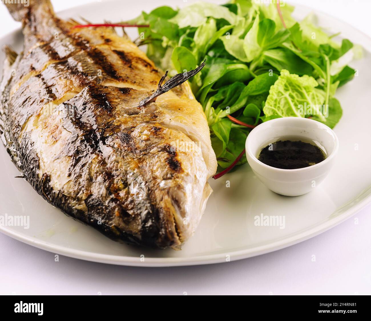 Gegrillte Forelle und Salat auf einer weißen Platte Stockfoto