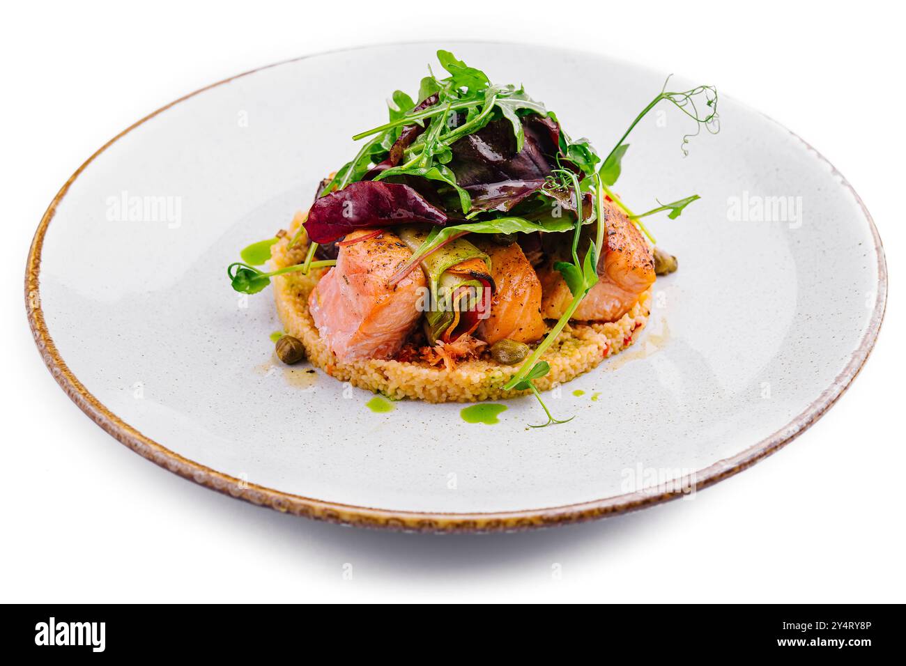 Exquisites Lachs-Hauptgericht, elegant präsentiert auf einer Keramikplatte vor weißem Hintergrund Stockfoto