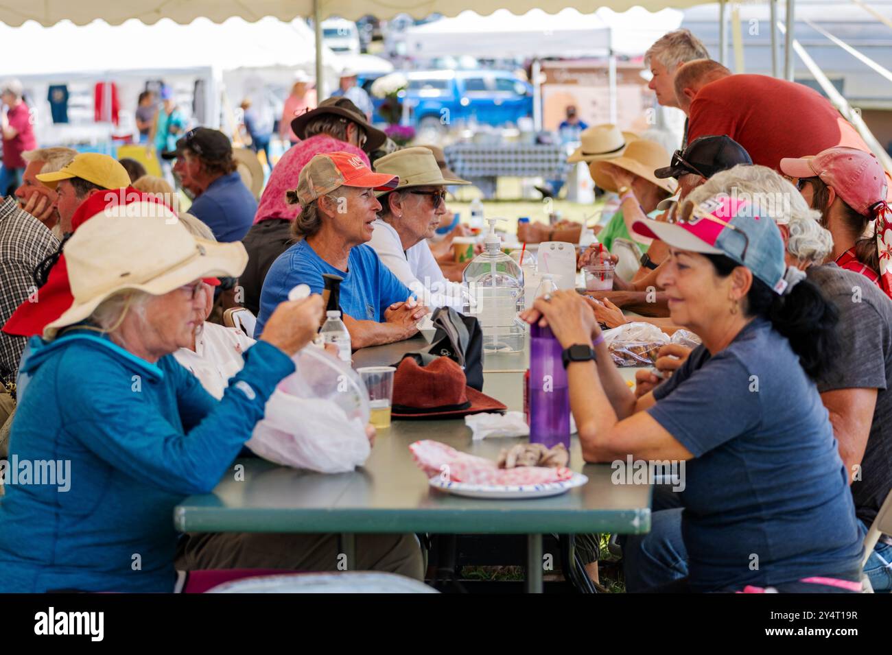 Die Zuschauer versammelten sich unter einem großen Zelt, um zu essen und zu besuchen; die Meeker Classic Sheepdog Championship Trials; Meeker; Colorado; USA Stockfoto