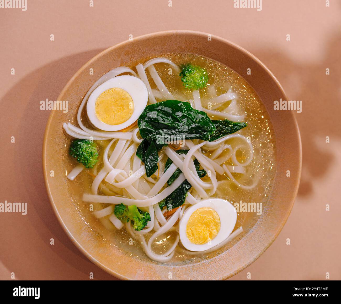 Eine warme Schüssel Udon-Nudelsuppe mit halbem Ei und frischem Gemüse Stockfoto