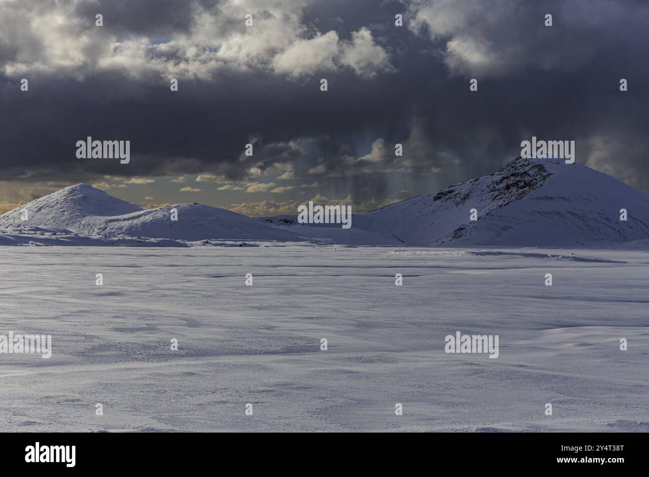 Bewölkte Stimmung und Schneesturm über einem alten Vulkan, Schnee, Winter, Neshraun, Snaefellsnes, Vesturland, Island, Europa Stockfoto