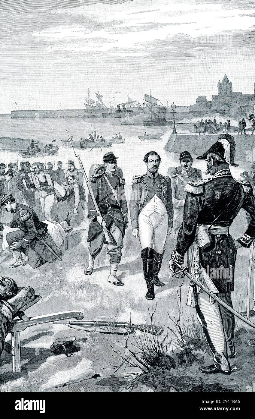 VERHAFTUNG VON LOUIS NAPOLEON IN BOULOGNE. – Anfang der 1900er Jahre lautet der Titel: „Louis Napoleon, Neffe des großen Napoleons und später Kaiser selbst als Napoleon III., unternahm mehrere Versuche, Frankreich zu beherrschen, bevor er schließlich Erfolg hatte. 1840 leitete er eine Expedition aus England und landete in Boulogne. Seine Absicht scheiterte; er floh und wurde fast ertrunken, schließlich gerettet und in unheldenhafter Weise gefangen gehalten. Er akzeptierte seine Gefangenschaft jedoch mit einer stillen würde, die ihm in den Köpfen der Franzosen sehr geholfen hat.“ Stockfoto