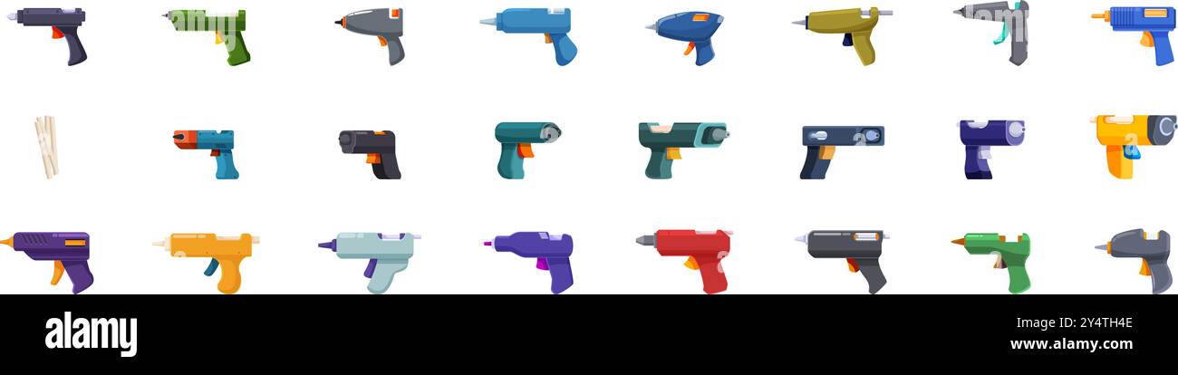 Symbolsatz für Schmelzkleber. Große Auswahl an Symbolen für Klebepistolen, die verschiedene Typen für Handwerker und heimwerker zeigen Stock Vektor