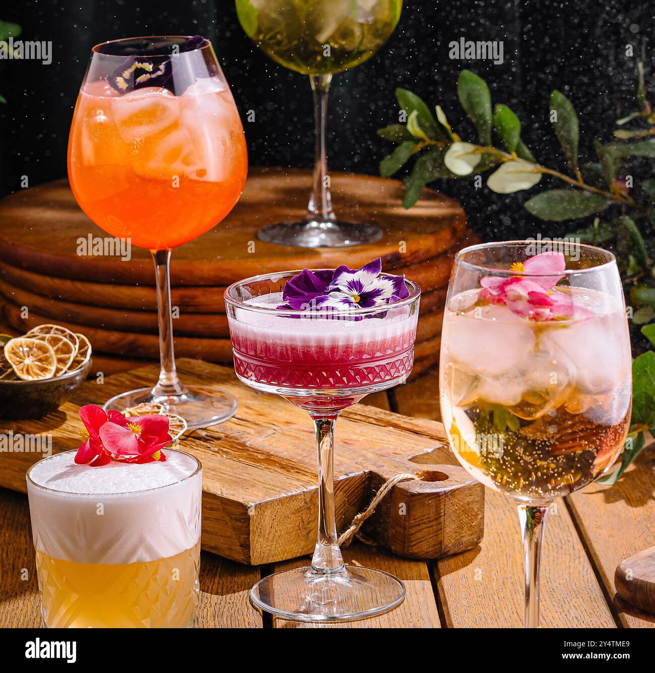 Sammlung farbenfroher, garnierter Cocktails, die elegant vor dunklem Hintergrund präsentiert werden Stockfoto