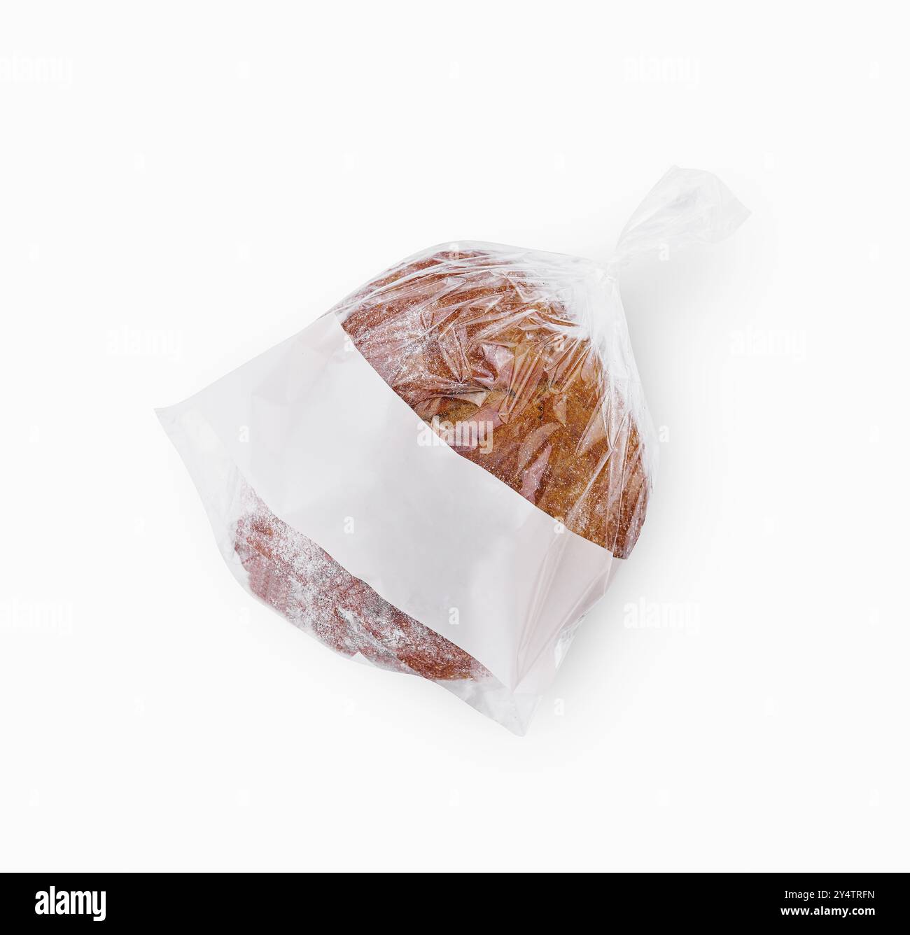 Frisch gebackenes Brot in einer Plastiktüte mit leerem Etikett, ideal für die Präsentation Ihrer Backwarenmarke Stockfoto