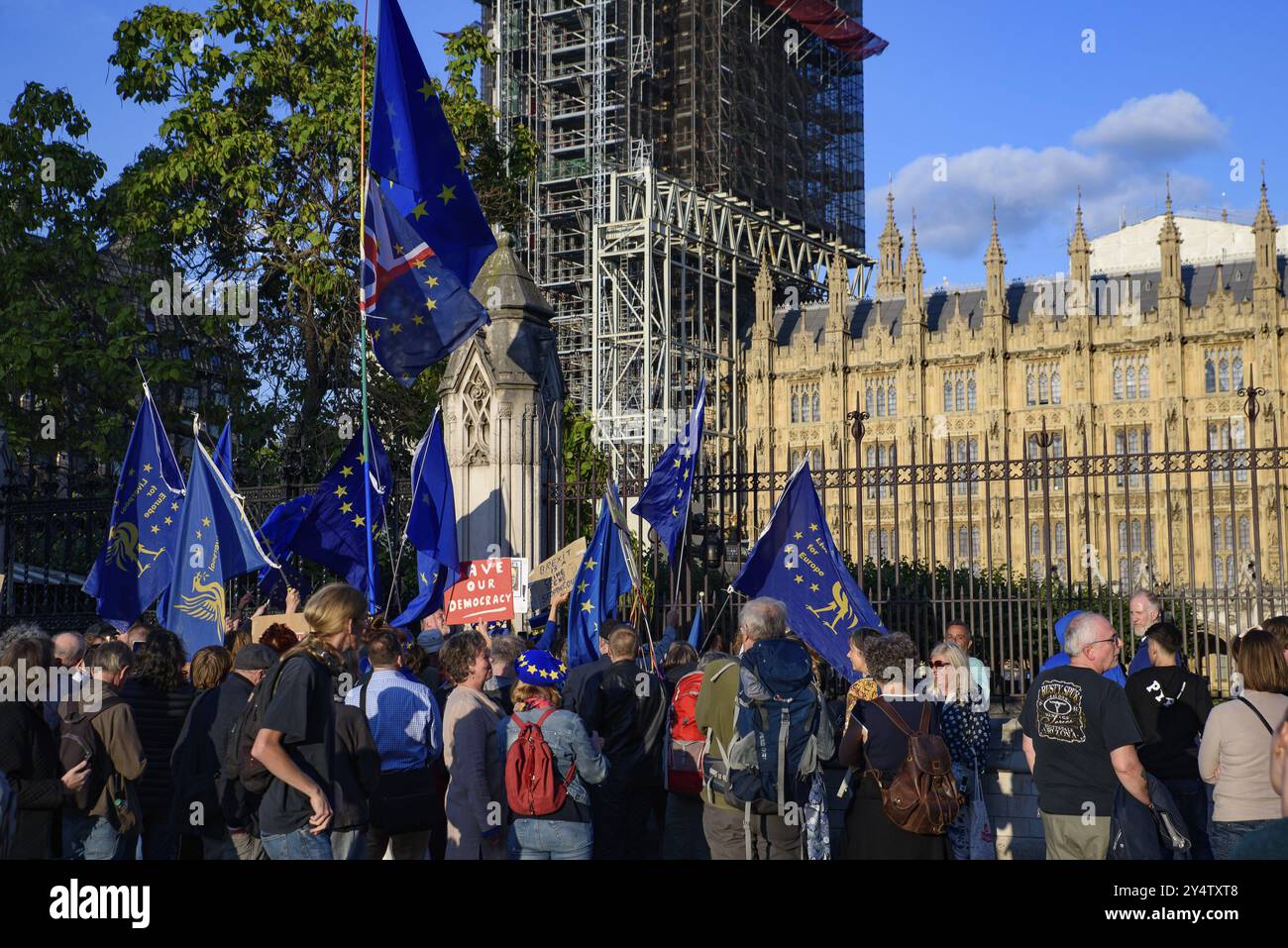 Menschen mit Schildern, Bannern und Fahnen, die gegen den Brexit ohne Deal protestieren, Boris Johnson, der britische Premierminister, und die britische Regierung im Parlament S Stockfoto