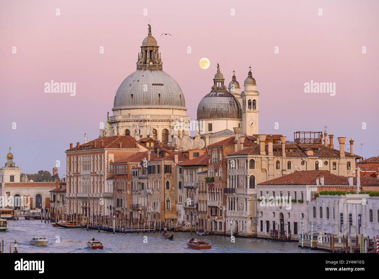 Blick auf den Canal Grande bei Sonnenuntergang mit Basilika di Santa Maria della Salute im Hintergrund, Venedig, Italien, Europa Stockfoto