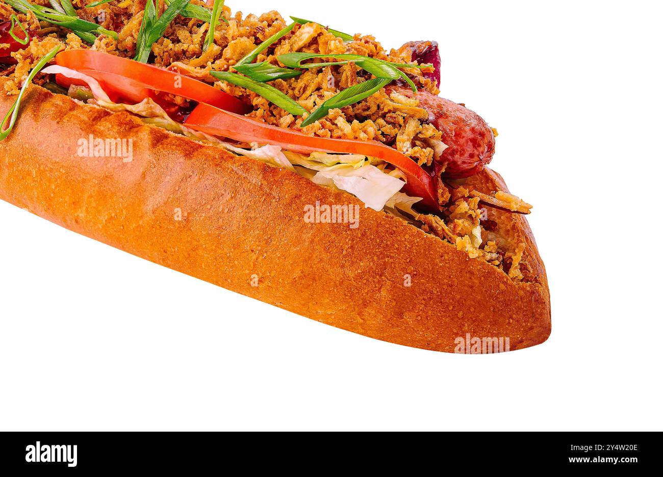 Leckerer Hot Dog mit verschiedenen Gewürzen, isoliert auf weißem Hintergrund Stockfoto