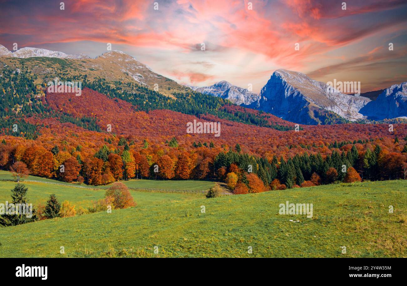 Der schöne Herbst auf den Bergen von Alpago am Col Indes oberhalb von Tambre in der Provinz Belluno in Veneto Italien Stockfoto