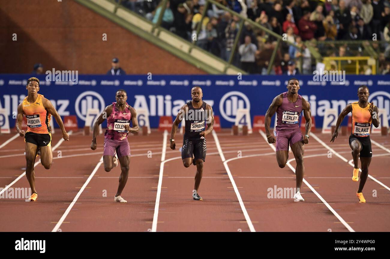 Abdul Hakim Sani Brown, Christian Coleman, Akani Simbine, Fred Kerley und Ackeem Blake traten in den 100 m langen MEN im Memorial Van Damme Diamond Lea an Stockfoto