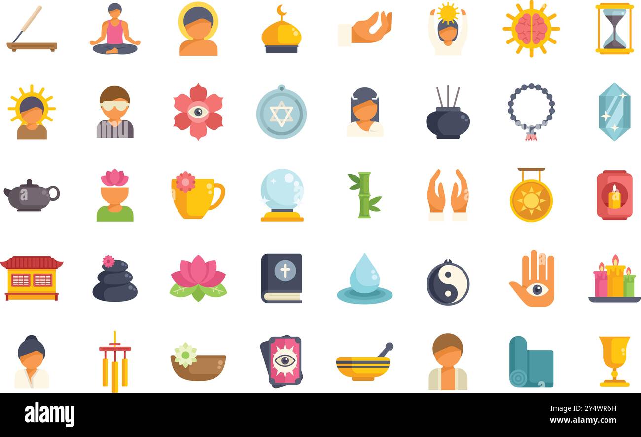 Dieses Bild ist ein vielfältiges Set von bunten Ikonen, die verschiedene Aspekte von Yoga, Meditation und spirituellen Heilpraktiken darstellen Stock Vektor