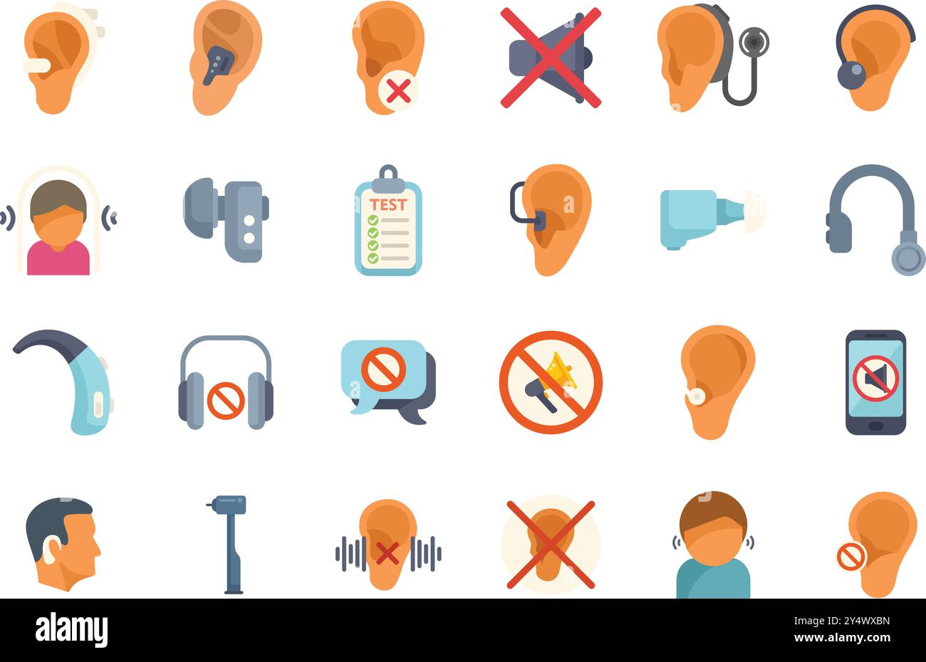 Dieser Satz von Symbolen zeigt Hörverlust, Taubheit, Probleme mit dem Gehörgang und Gehörschutz an Stock Vektor