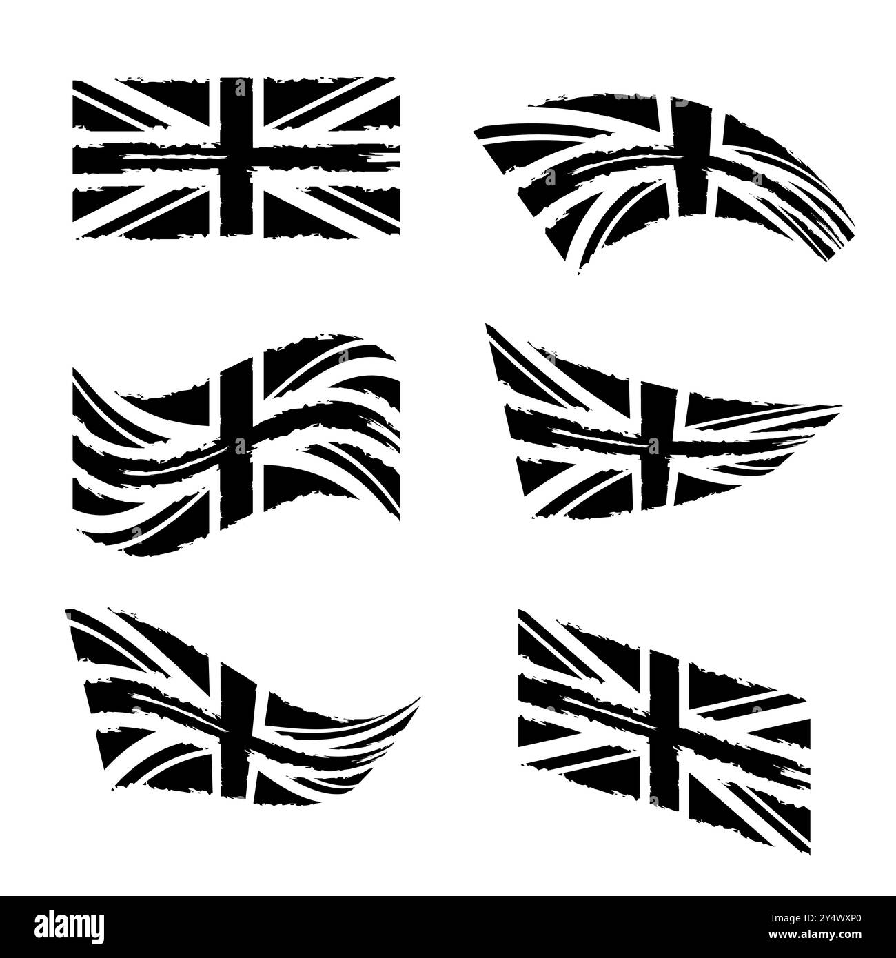 Welliges britisches Flaggenset. Schwarz-weiße Grunge UK-Flagge. Isoliert auf weißem Hintergrund. Vektorabbildung. Stock Vektor