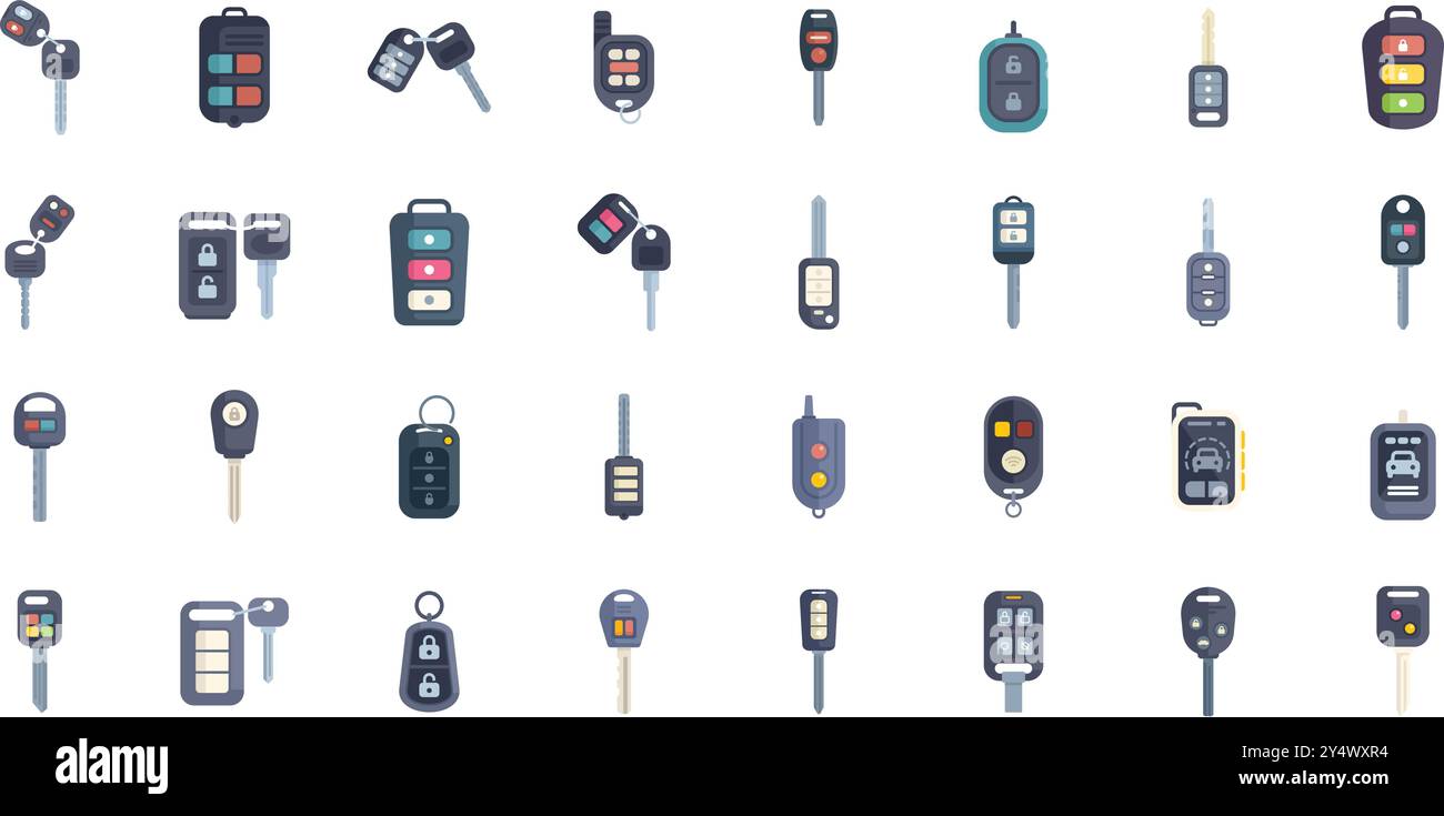 Dies ist ein umfassendes Set moderner Schlüsselsymbole mit verschiedenen Designs und Funktionen zur Sicherung von Fahrzeugen Stock Vektor