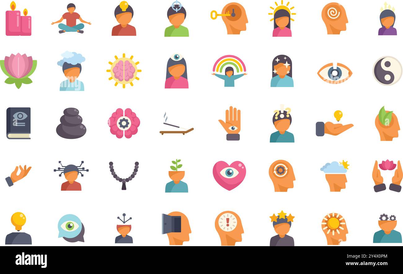 Dieses Symbolset konzentriert sich auf Konzepte wie Meditation, Achtsamkeit, geistige Gesundheit und spirituelles Wachstum Stock Vektor