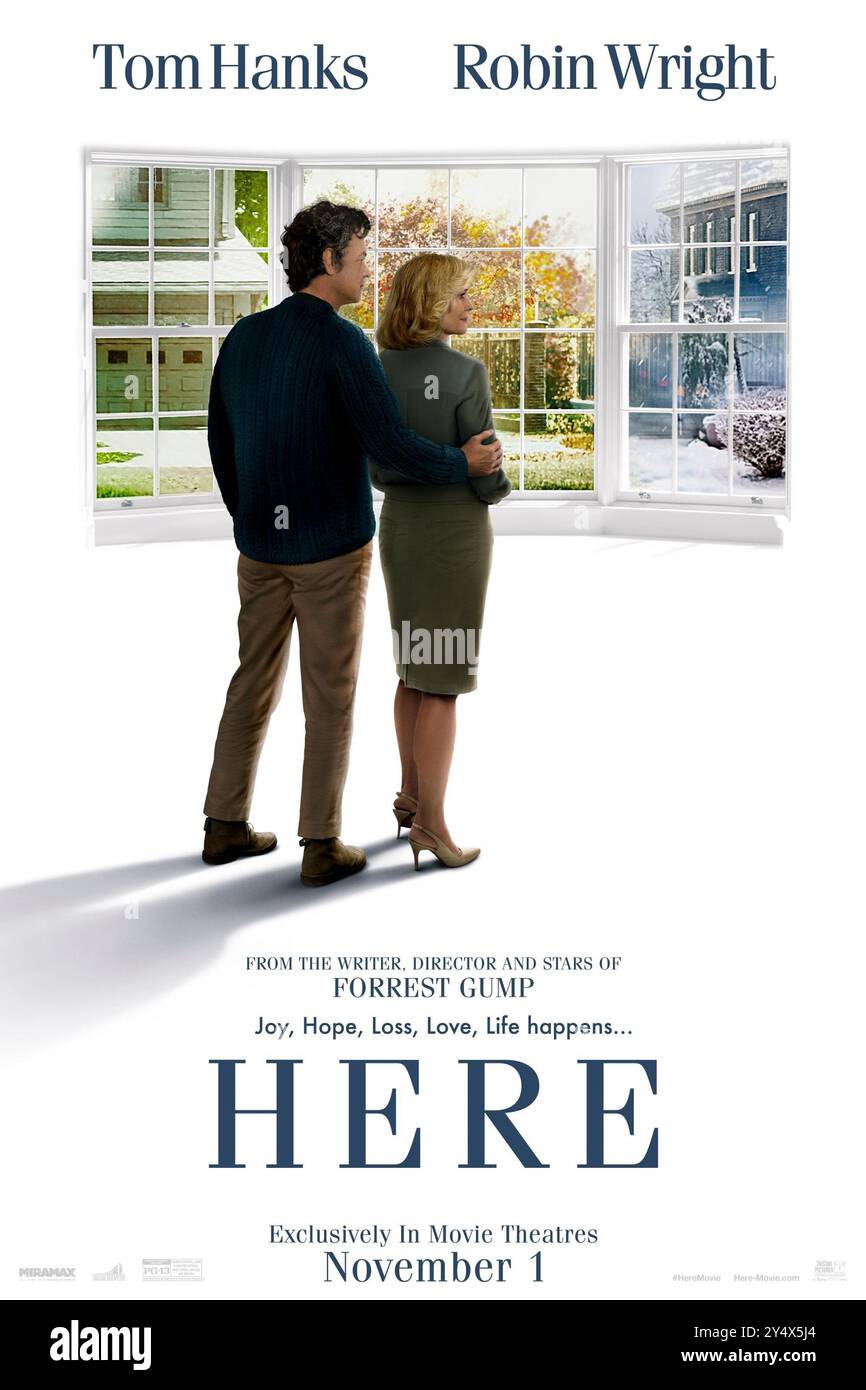 Here (2024) von Robert Zemeckis mit Kelly Reilly, Tom Hanks und Robin Wright. Adaption von Richard McGuires bahnbrechendem Graphic Novel über einen besonderen Ort und die Familien, die ihn im Laufe der Zeit bewohnen. US Advance Poster ***NUR FÜR REDAKTIONELLE ZWECKE***. Quelle: BFA / TriStar Pictures Stockfoto