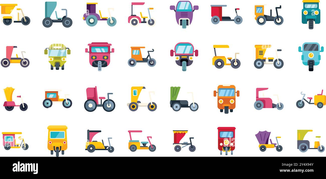 Riesige Auswahl an Tuk Tuk-Symbolen, die verschiedene Arten von Auto-Rikschas aus der ganzen Welt zeigen, ideal für Reiseblogs und Websites Stock Vektor