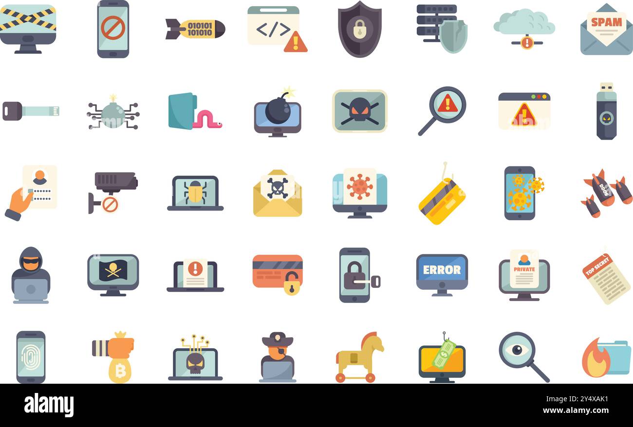 Verschiedene Arten von Cyber-Angriffen, Hacking und Malware-Konzepten, dargestellt durch bunte Symbole Stock Vektor