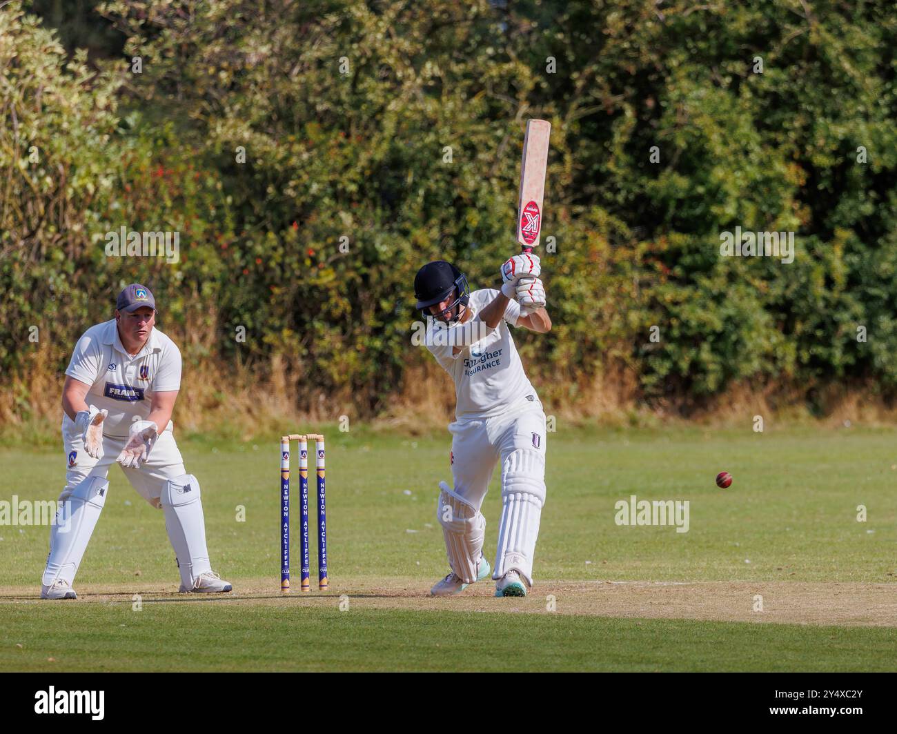 Der Newton Aycliffe Cricket Club war an einem sonnigen Samstagnachmittag Gastgeber des Middlesborough Cricket Club. Batsman treibt den Ball zurück ins Infield Stockfoto
